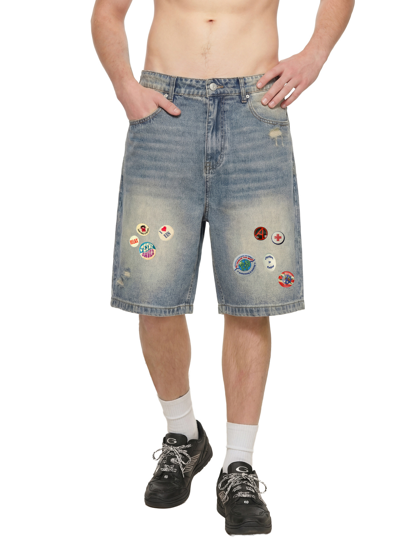 "EIN PINS BAGGY DENIM SHORTS"